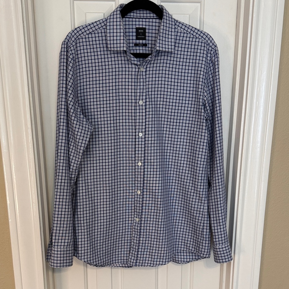 Hugo Boss Navy and White Checkered Button Down Shirt
